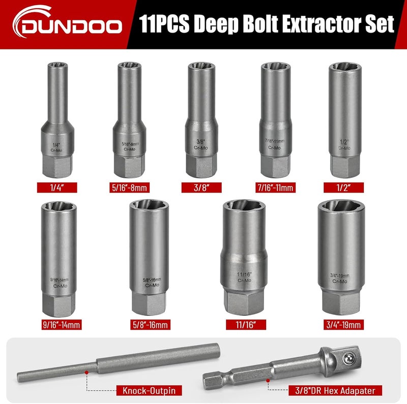 DUDDOO 11pcs Bolt Extractor Kit, Stripped Bolt Extractor Set, Deep Long Easy Out Set, Lug Nut Remover Socket Tool for Studs, Damaged, Frozen, Rusted, Rounded-Off Bolts, Nuts - Image 2